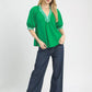 Vibrant green Umgee French terry collared top with embroidered puffed sleeves and v-neckline