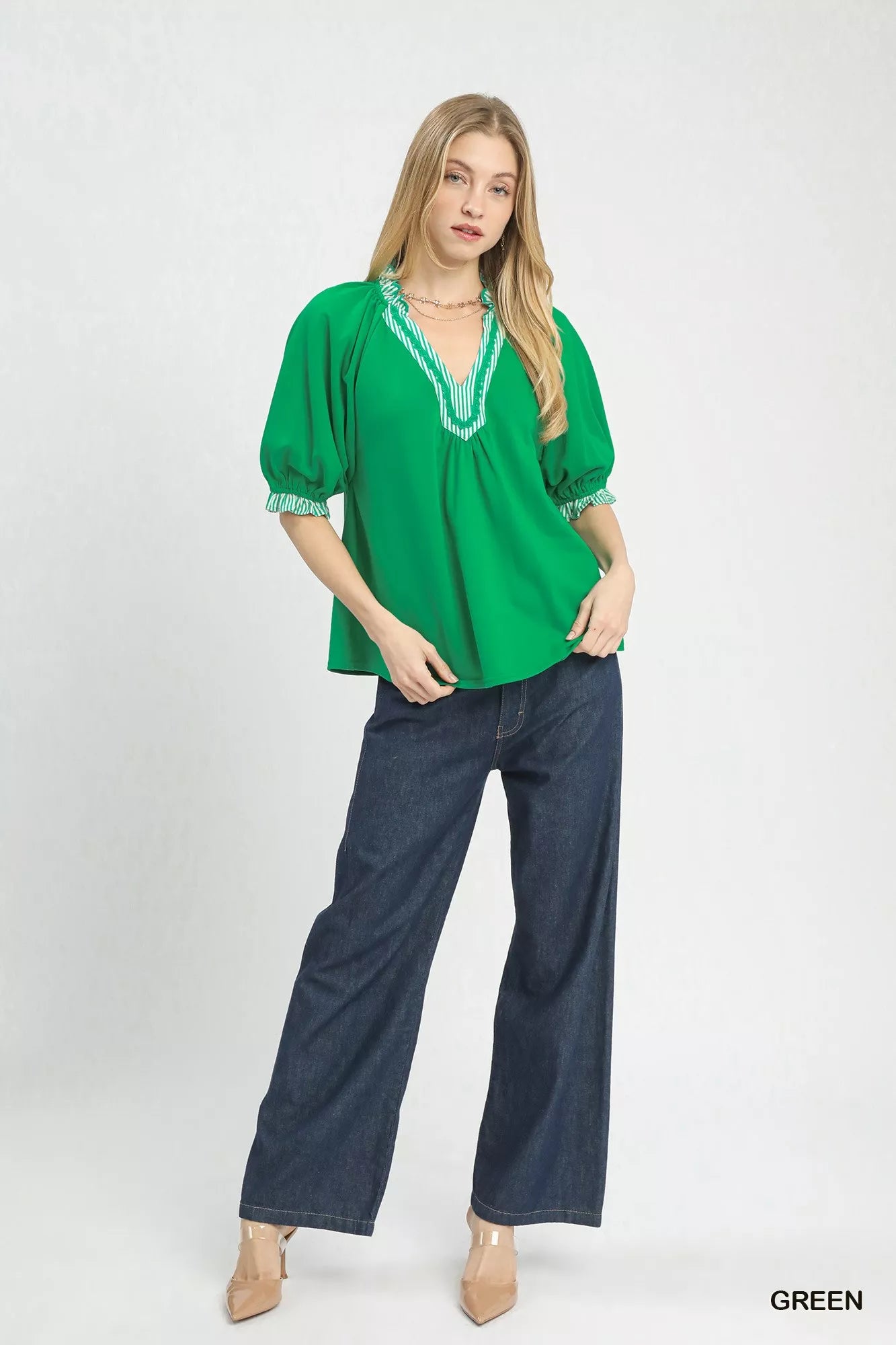 Vibrant green Umgee French terry collared top with embroidered puffed sleeves and v-neckline