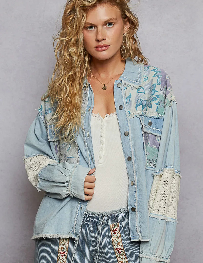 Pastel Blue S POL Printed Woven Mix Raw Hem Jacket with Lace Detail | Shackets Daverri Fashions