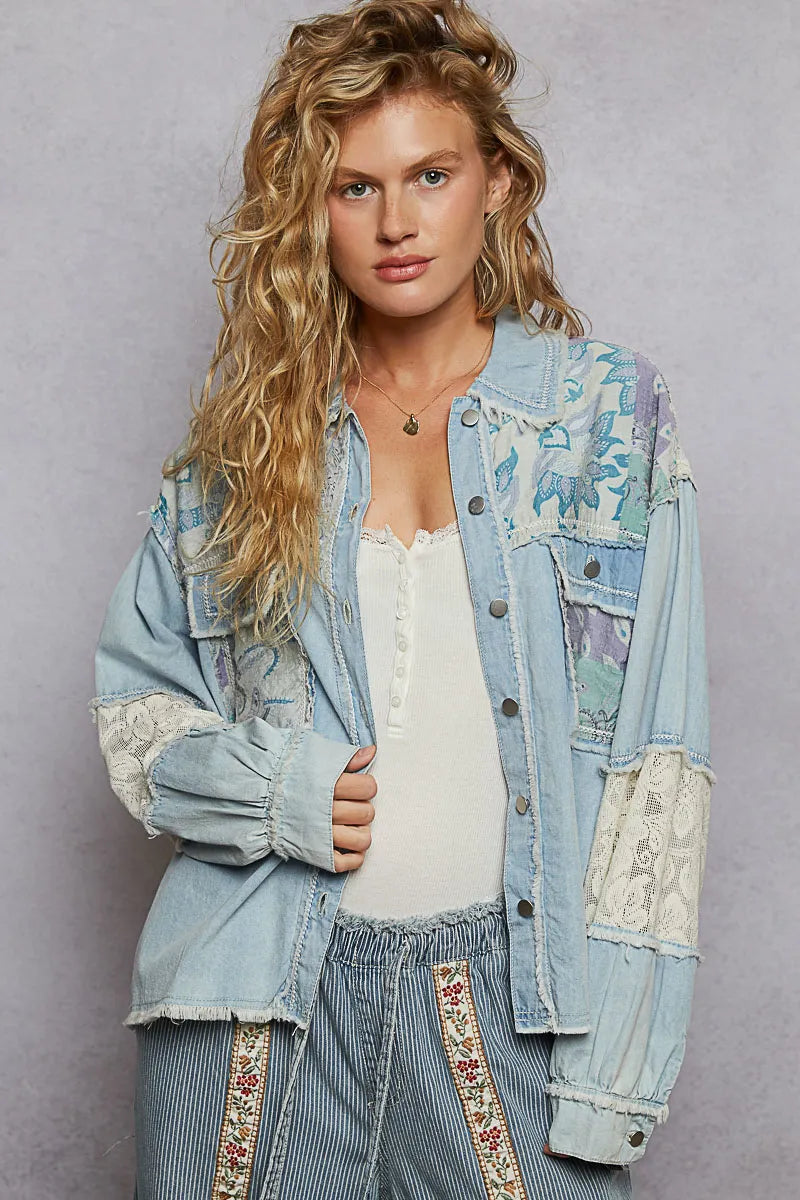 POL Printed Woven Mix Raw Hem Jacket with Lace Detail Pastel Blue Shackets