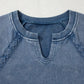 Blue mineral wash baggy sweatshirt with lace trim sleeves and keyhole neckline