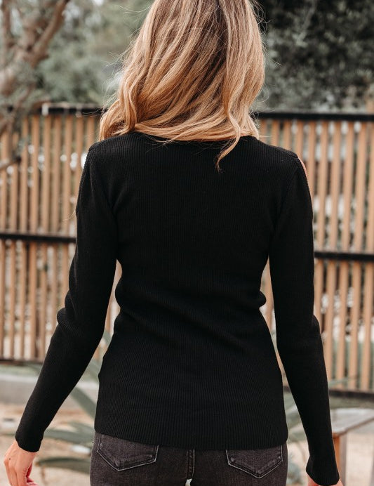 Amaya Ribbed Knit Cold Shoulder Sweater | Sweaters Daverri Fashions