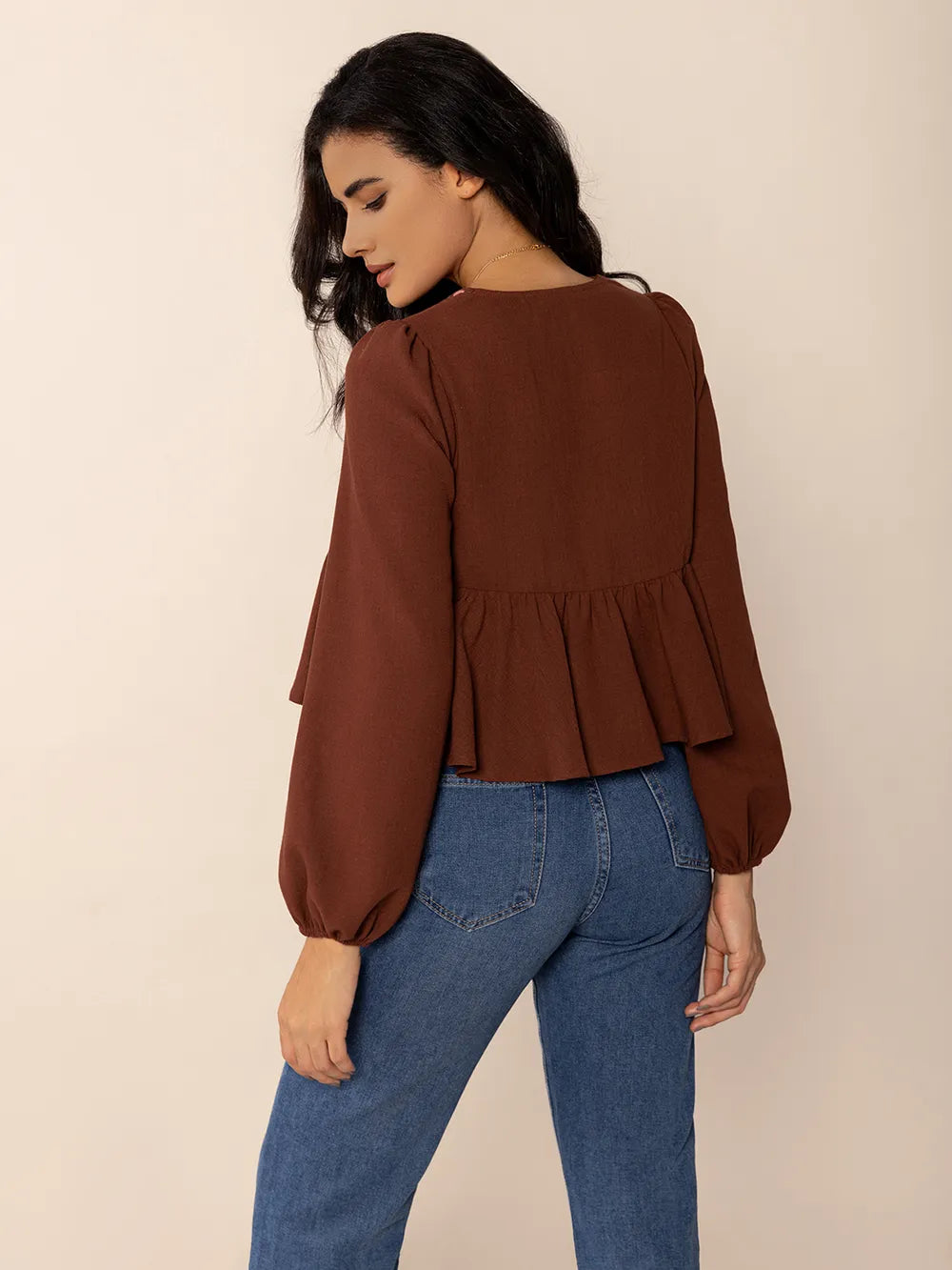 Peplum Tied V-Neck Long Sleeve Blouse | Blouses Daverri Fashions