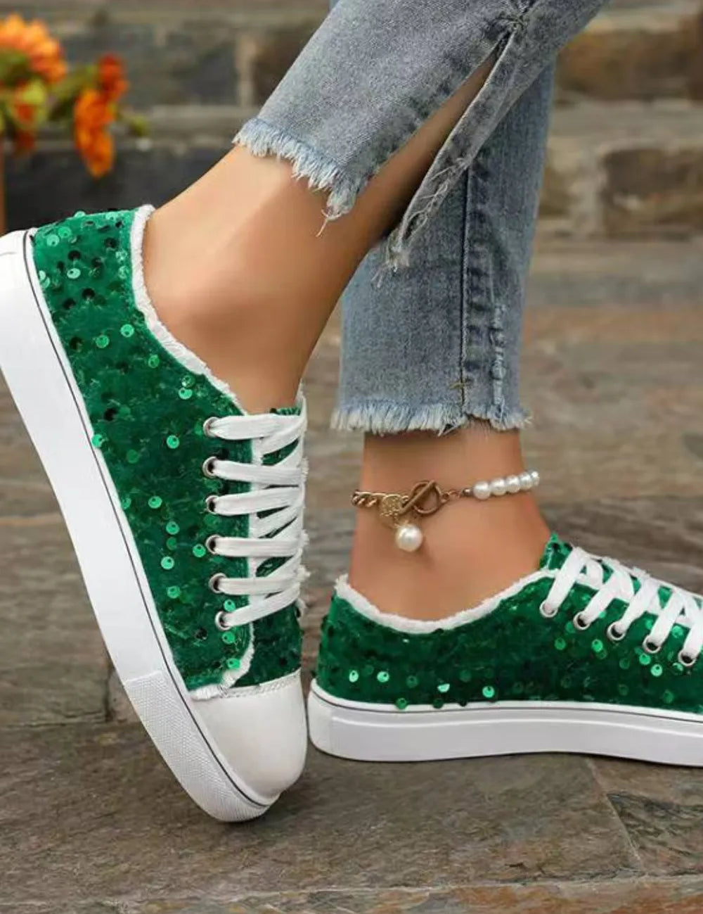 Green Sequin Round Toe Flat Sneakers | Sneakers Daverri Fashions