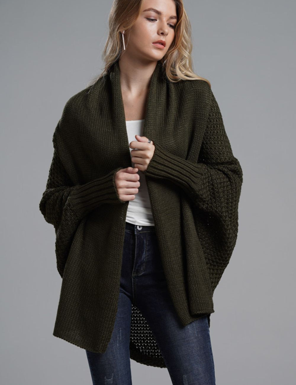 Olive One Size Dolman Sleeve Open Front Ribbed Trim Longline Cardigan | Cardigans Daverri Fashions