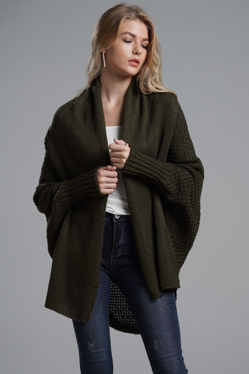 Olive One Size Dolman Sleeve Open Front Ribbed Trim Longline Cardigan | Cardigans Daverri Fashions
