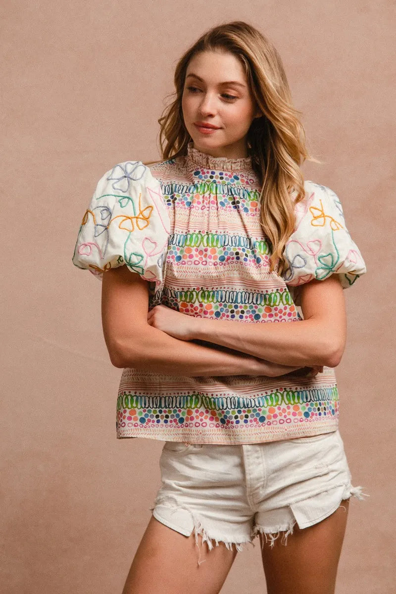 BiBi Ruffle Neckline Blouse With Embroidery Bubble Sleeve | Daverri Fashions