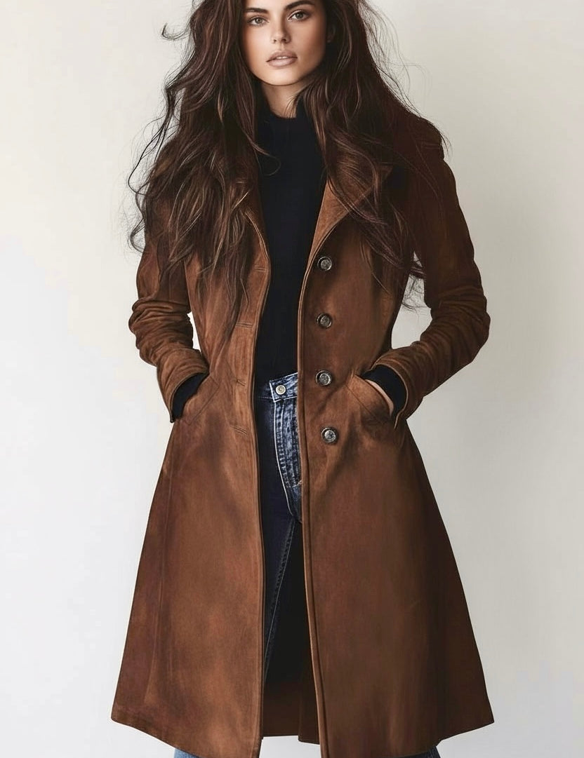 Brown leather double-breasted trench coat with fur-lined hood