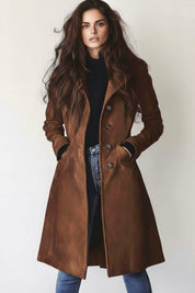 Brown leather double-breasted trench coat with fur-lined hood