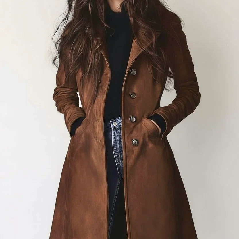 Brown leather double-breasted trench coat with fur-lined hood