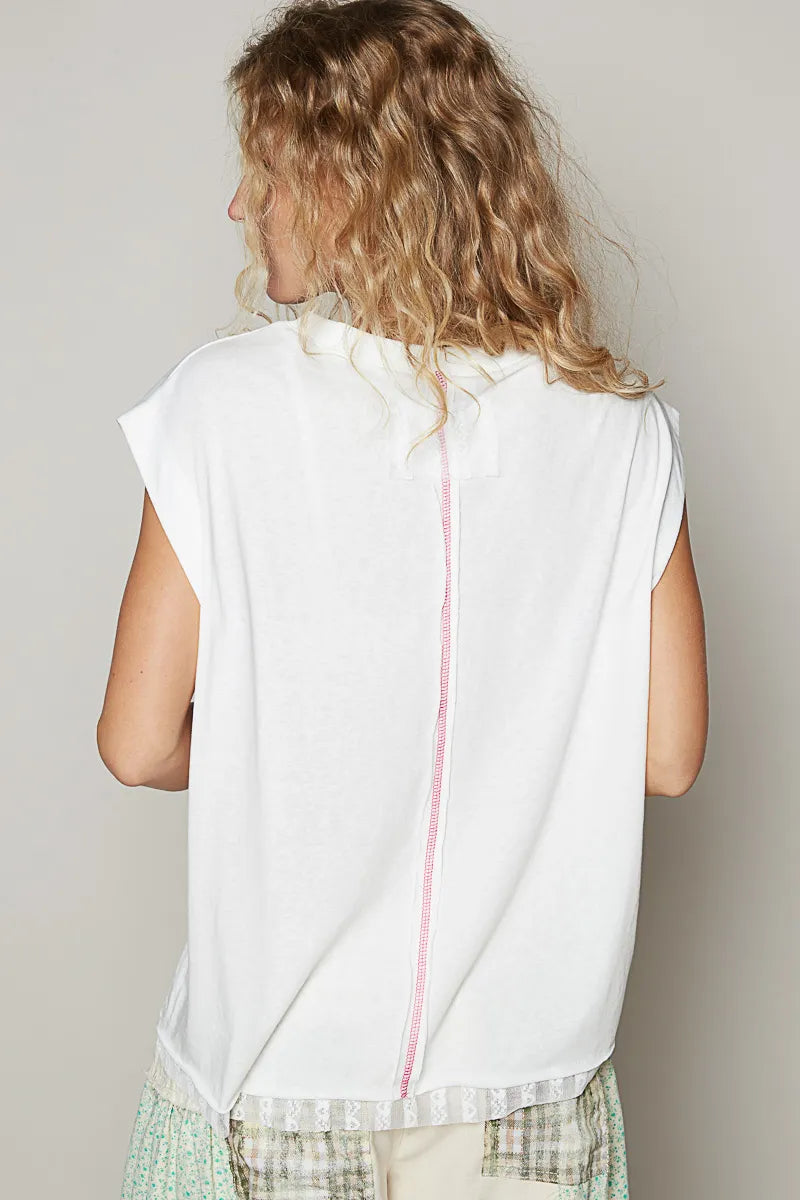POL Star Patch Studded Sleeveless T-Shirt with Lace Hem | T-Shirts Daverri Fashions