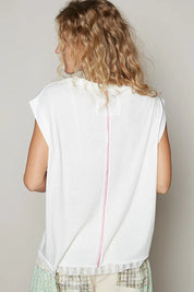 POL Star Patch Studded Sleeveless T-Shirt with Lace Hem | T-Shirts Daverri Fashions