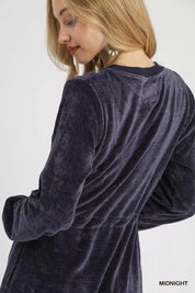 Umgee Velour Drawstring Mini Dress with Long Sleeves | Mini Dresses Daverri Fashions