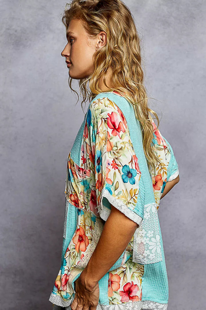 POL Lace Round Neck Short Sleeve Floral Pattern Top with Patch Detail | Tops Daverri Fashions