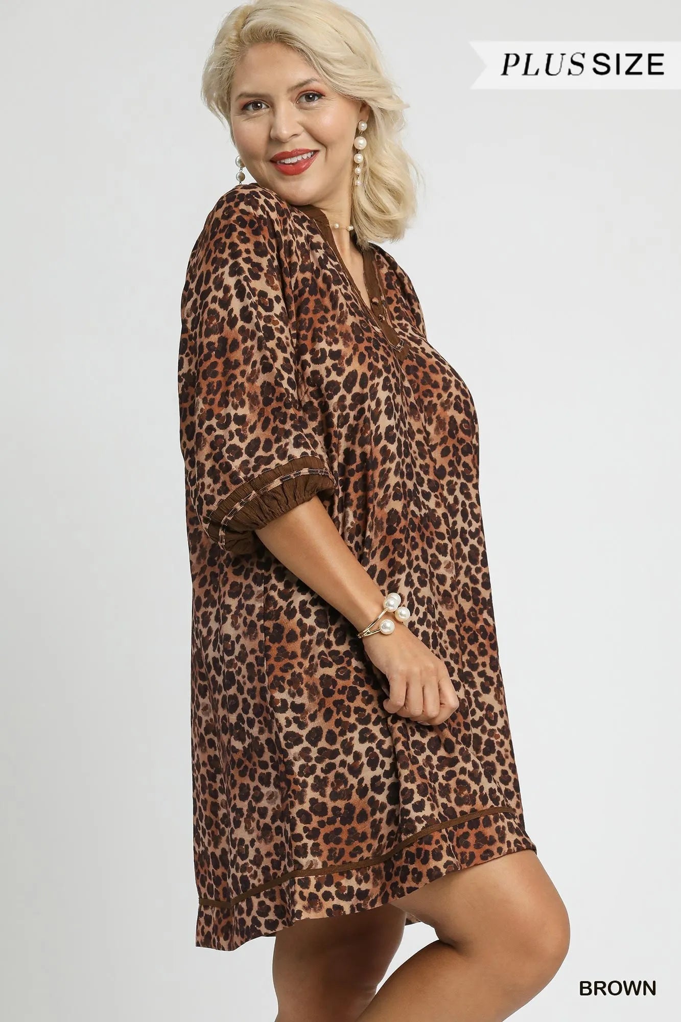 Umgee Full Size Leopard Print Mini Dress with Contrast Trim Plus Size Dresses