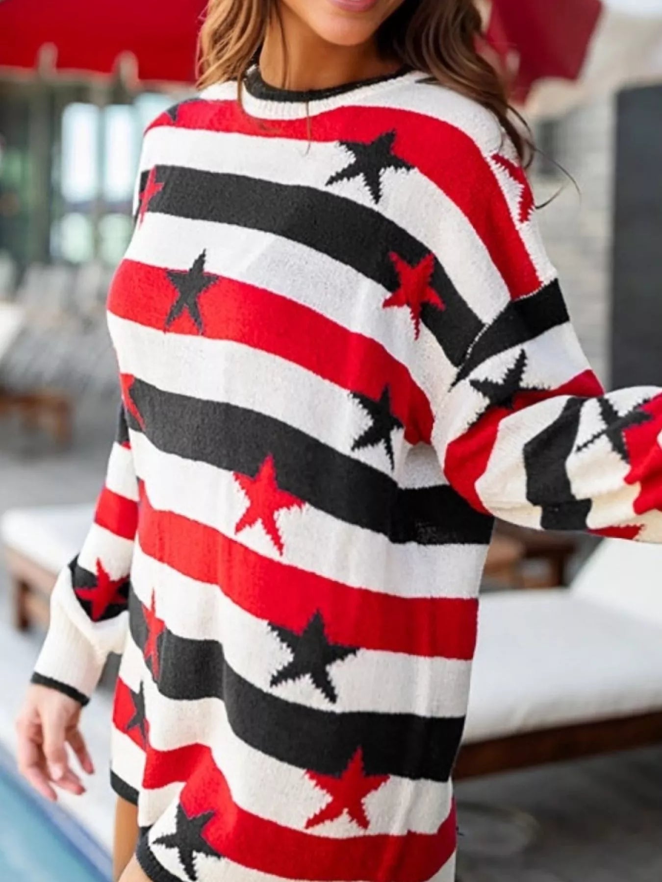 Daverri Stars and Stripes sweater: red, black, white stripes with stars