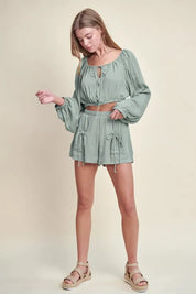 Dusty Sage MABLE Gauze Long Sleeve Button Crop Top and Short Set | Outfit Sets Daverri Fashions