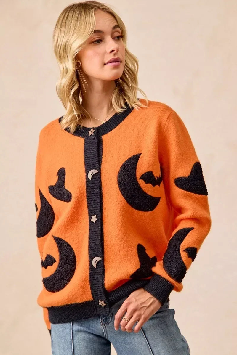 BiBi Halloween Witch Hat Moon Bat Artwork Cardigan - DAVERRI FASHIONS