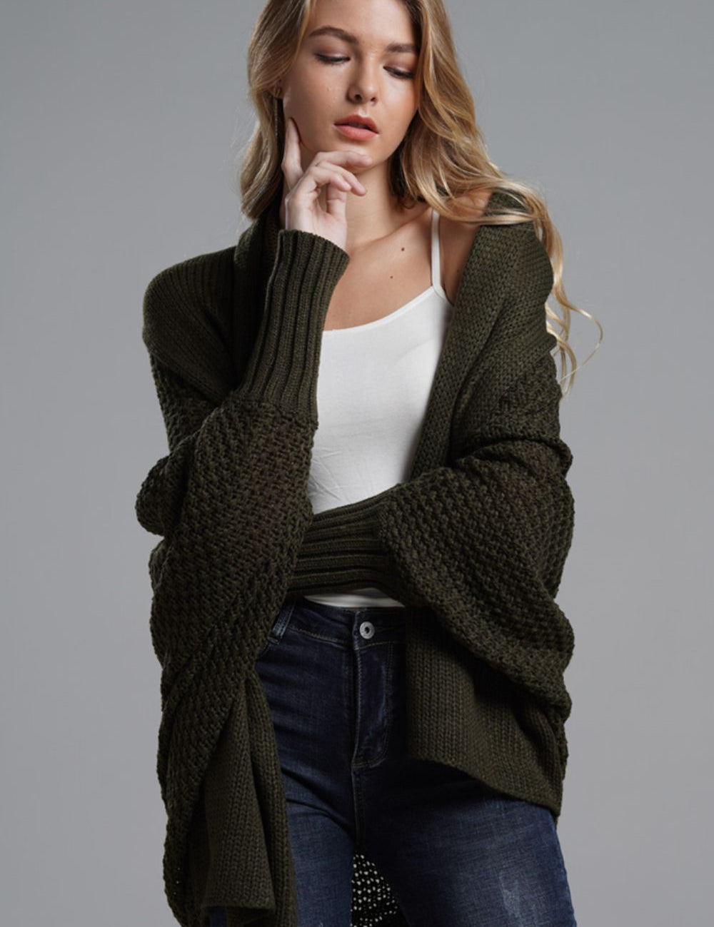 Dolman Sleeve Open Front Ribbed Trim Longline Cardigan | Cardigans Daverri Fashions