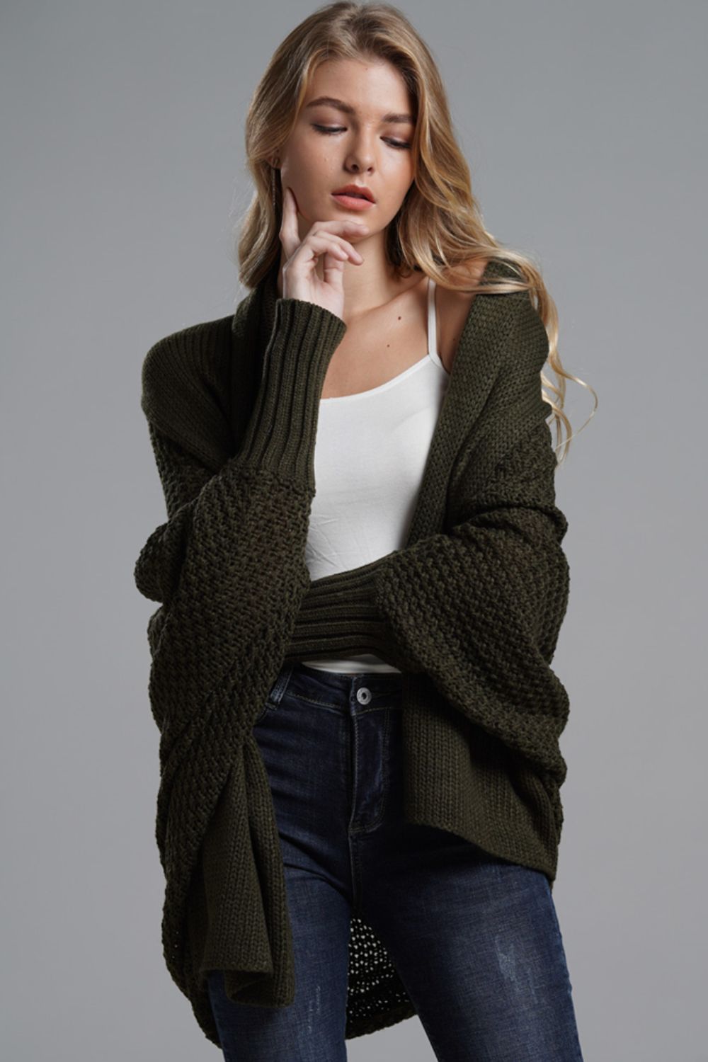 Dolman Sleeve Open Front Ribbed Trim Longline Cardigan | Cardigans Daverri Fashions
