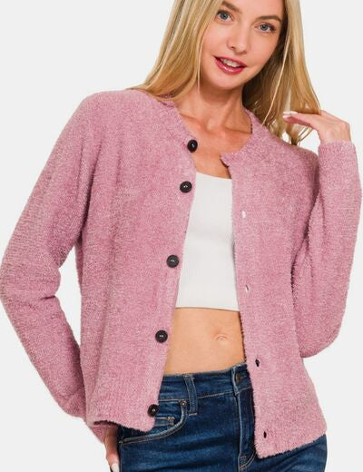 Zenana Button Down Long Sleeve Sweater Cardigan Lt Rose Cardigans