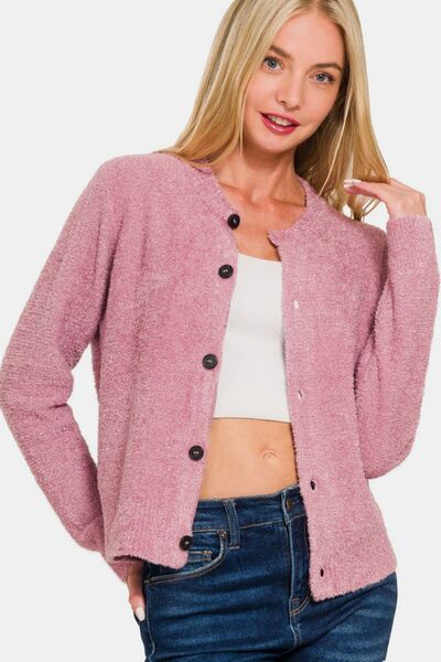 Zenana Button Down Long Sleeve Sweater Cardigan Lt Rose Cardigans