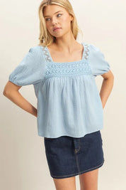 BLUE HYFVE Crochet Detail Puff Sleeve Peasant Top | Tops Daverri Fashions