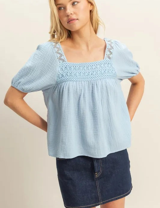 BLUE HYFVE Crochet Detail Puff Sleeve Peasant Top | Tops Daverri Fashions
