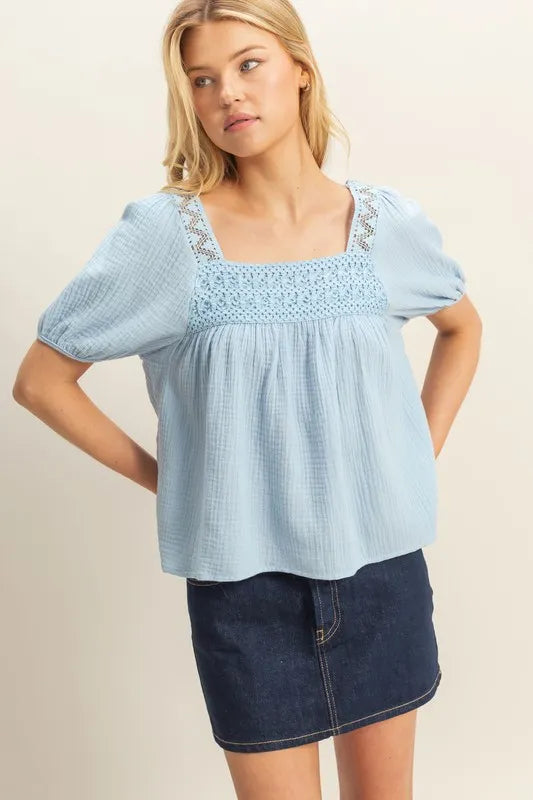 BLUE HYFVE Crochet Detail Puff Sleeve Peasant Top | Tops Daverri Fashions