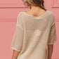 Beige open-knit crochet top with frayed hem, 3/4 sleeves, BiBi sequin flag cover-up