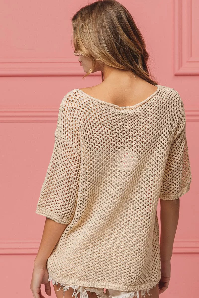 Beige open-knit crochet top with frayed hem, 3/4 sleeves, BiBi sequin flag cover-up