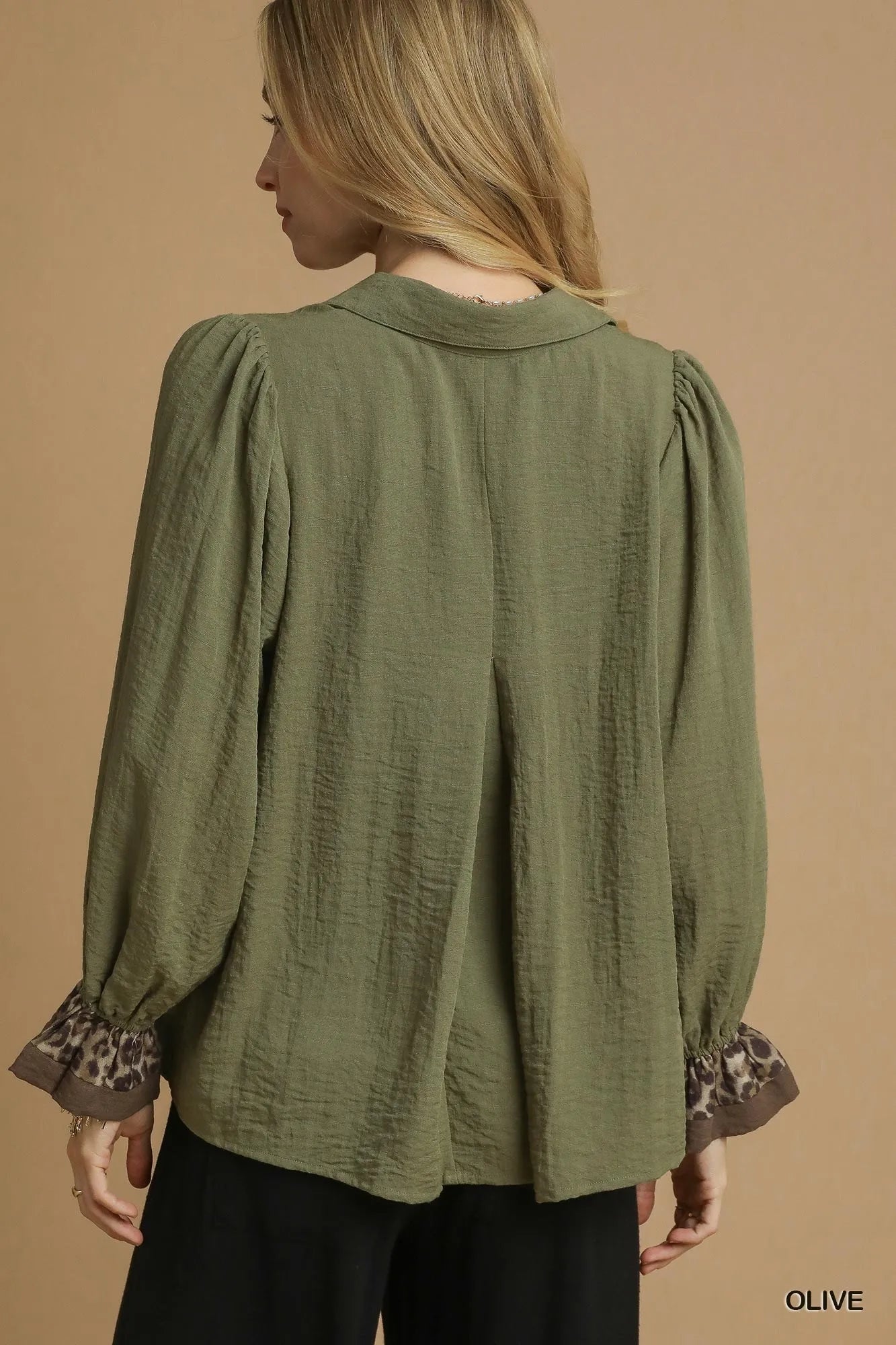 Umgee Half Button Blouse with Leopard Print Trim | Blouses Daverri Fashions