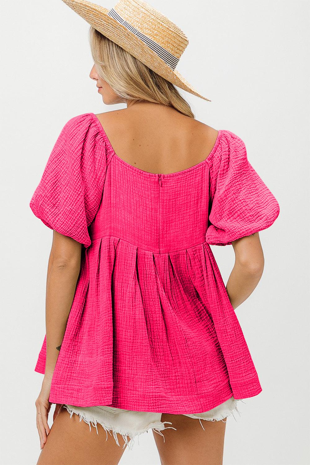 BiBi Pleated Puff Sleeve Washed Blouse Blouses