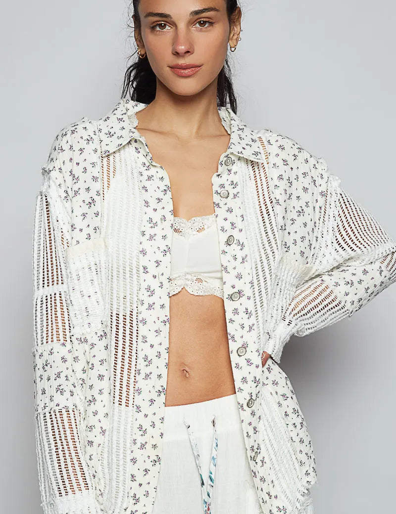 White L POL Floral Crochet Patchwork Long Sleeve Shirt | Shirts Daverri Fashions