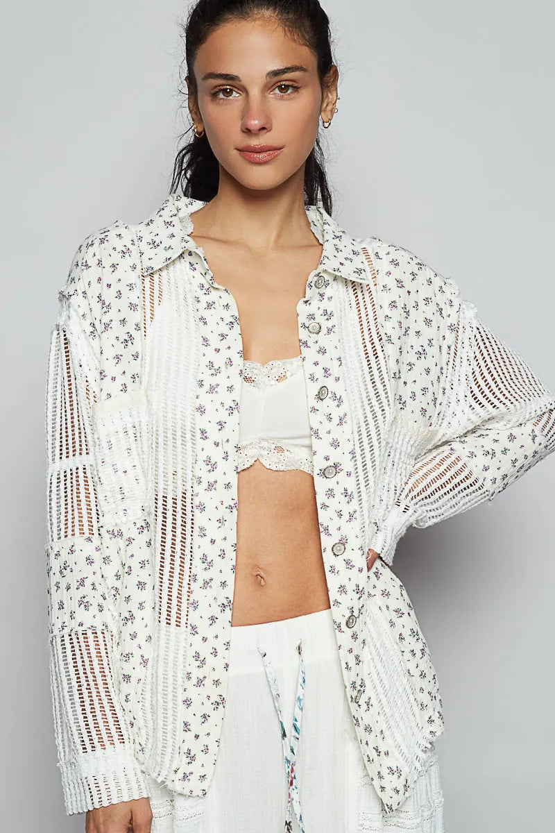 POL Floral Crochet Patchwork Long Sleeve Shirt White Shirts
