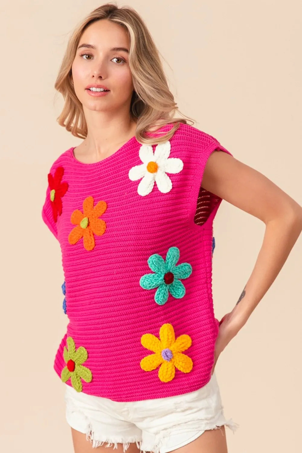 BiBi Flower Round Neck Cap Sleeve Knit Top Size L Tops
