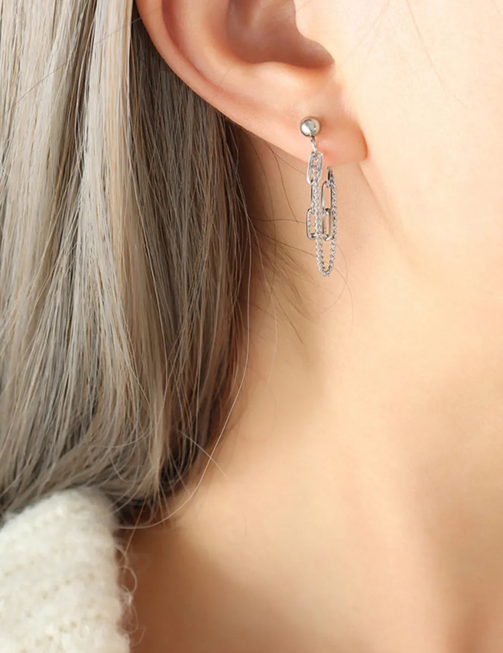 Silver One Size Titanium Steel Double Chain Earrings | Earrings Daverri Fashions