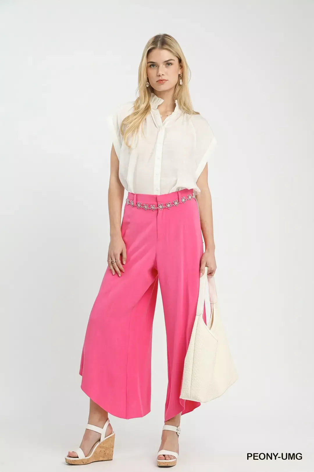 Fuchsia Umgee flowy asymmetrical hem wide-leg pants with beaded belt