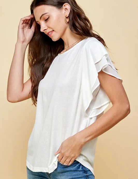 Lime 'N' Chili Round Neck Double Ruffle Cap Sleeve Top | Tops Daverri Fashions