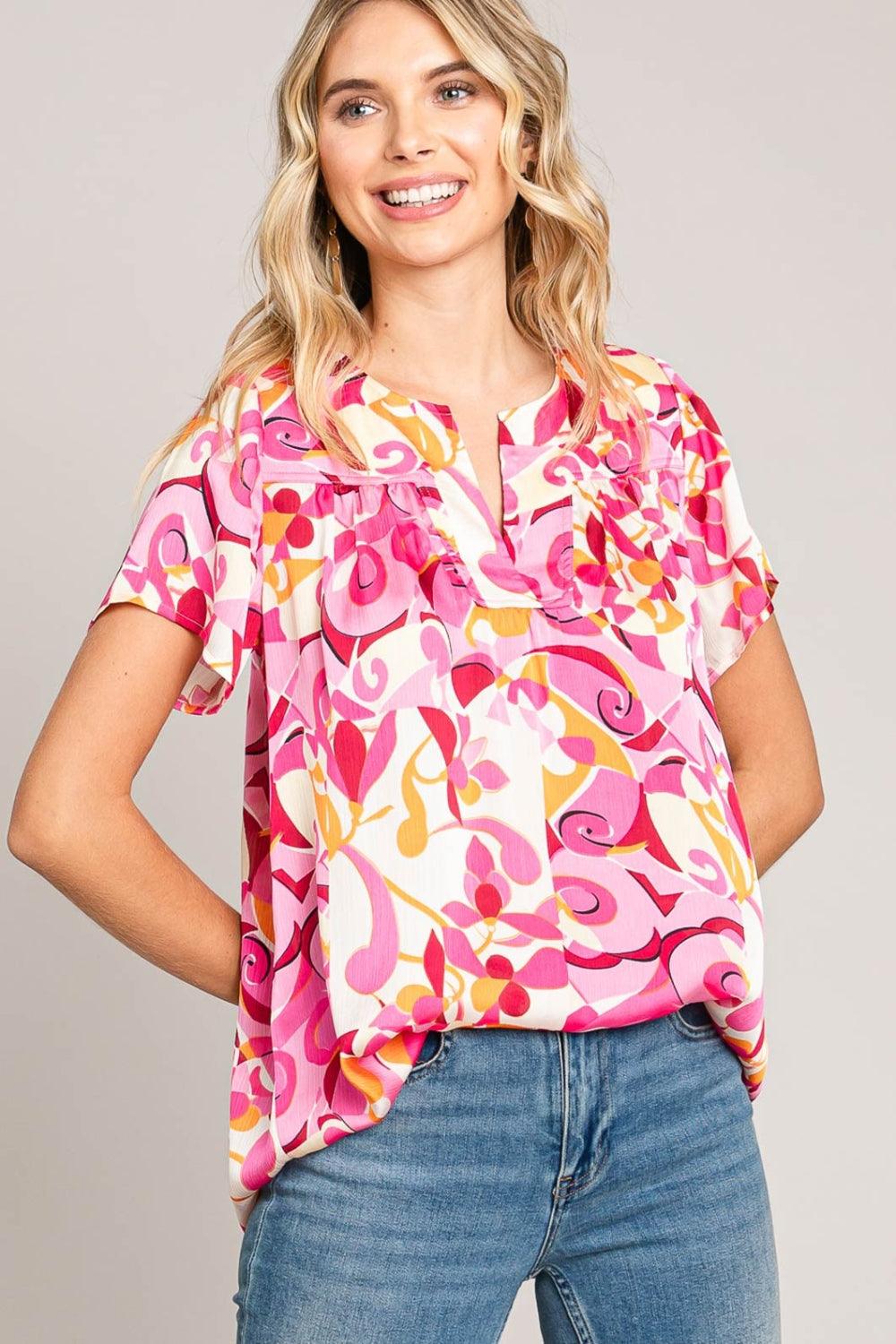 Cotton Bleu Abstract Print Short Sleeve Top Pink Shirts & Tops
