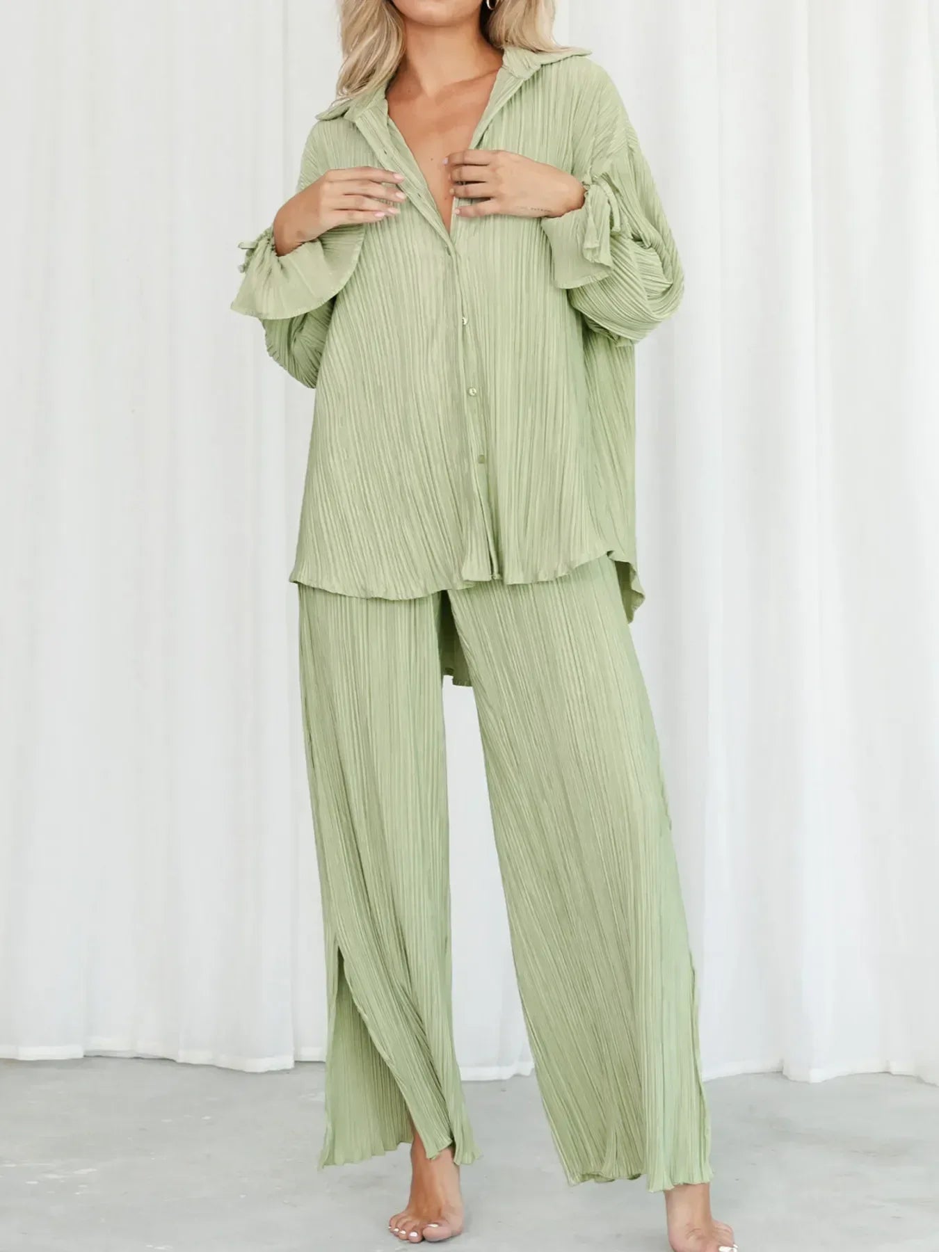 Button Up Long Sleeve Top and Pants Set - DAVERRI FASHIONS