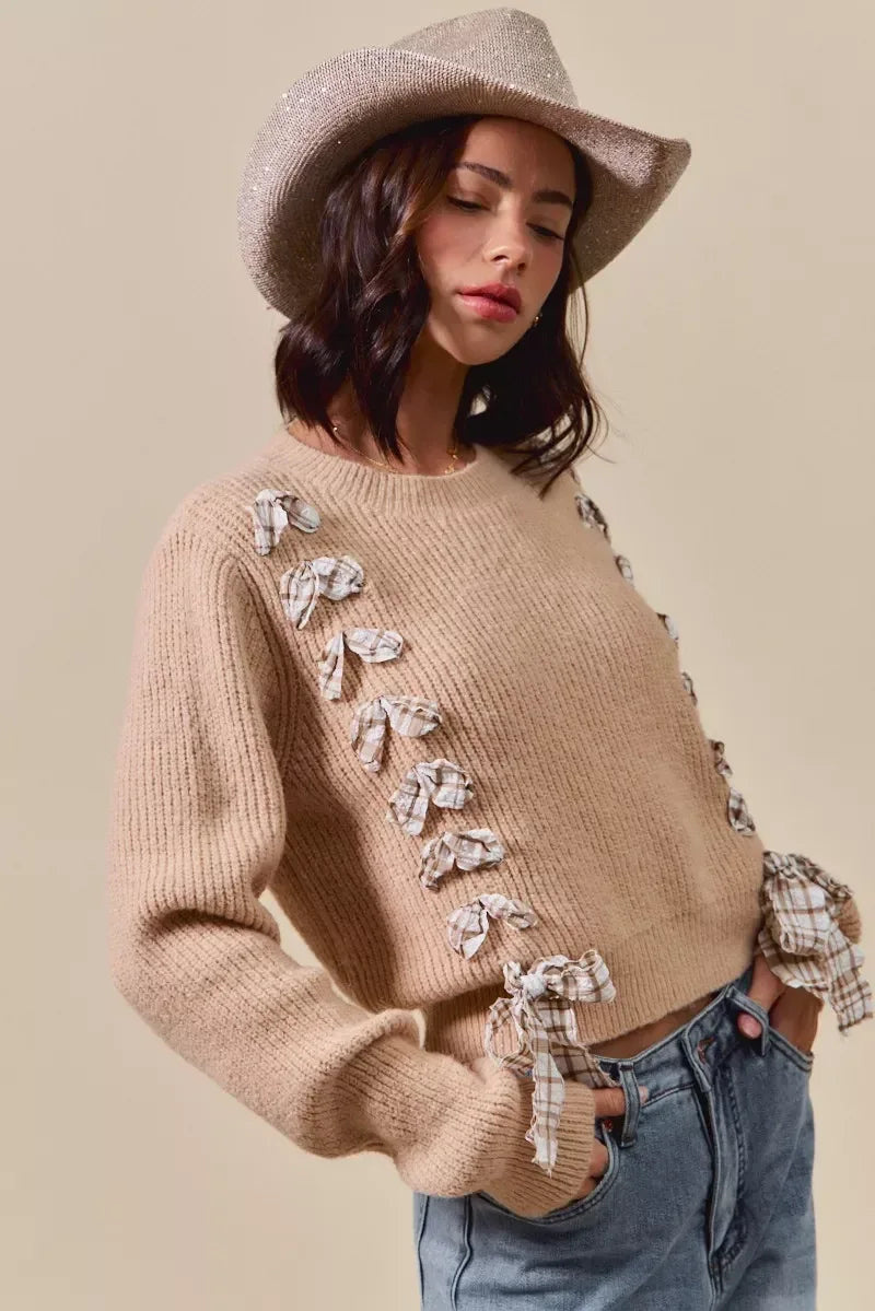 SO ME Checkered Plaid Tape Lace Up Ribbed Sweater Taupe - DAVERRI FASHIONS