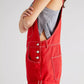 Daverri wide strap square neck denim shortalls in red with white buttons and rolled cuffs