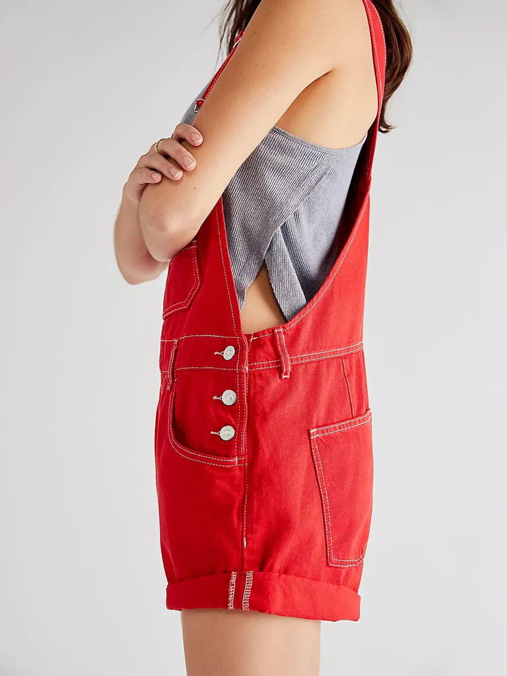 Daverri wide strap square neck denim shortalls in red with white buttons and rolled cuffs