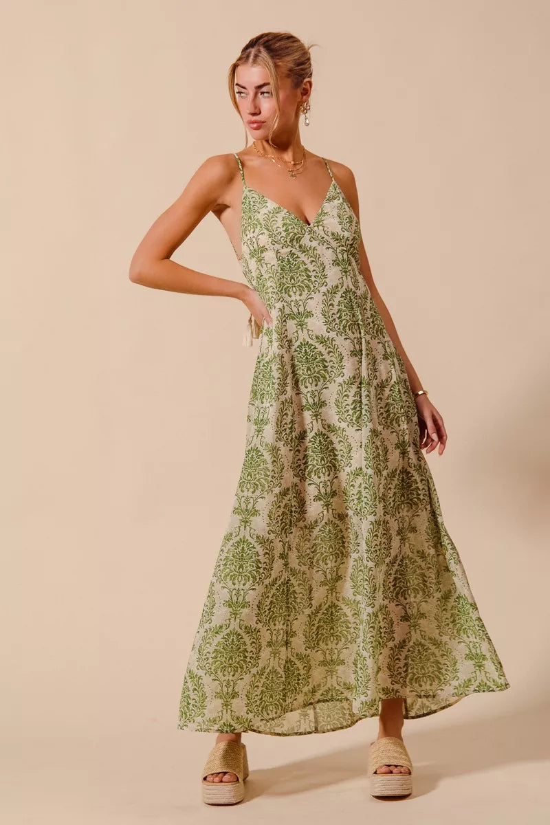 SO ME damask floral summer maxi dress in emerald green, flowy open back