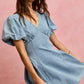 SO ME bubble sleeves light blue denim fit and flare mini dress with v-neckline