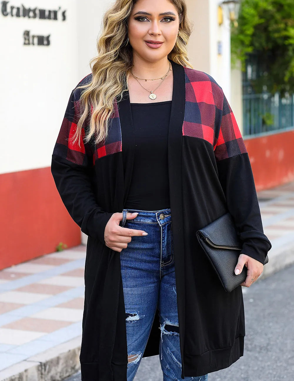 Plaid Plus Size Open Front Dropped Shoulder Cardigan | Cardigans Daverri Fashions