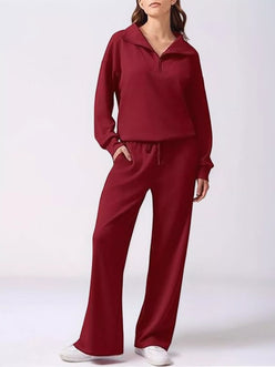 Daverri Relaxed Fit maroon quarter-zip hoodie and wide-leg pants set