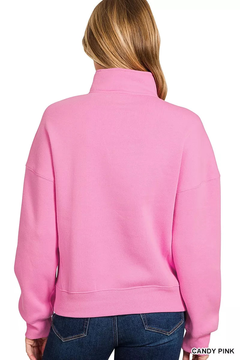 Zenana Fleece High Neck Half Zip Sweatshirt Candy Pink | Sweatshirts Daverri Fashions