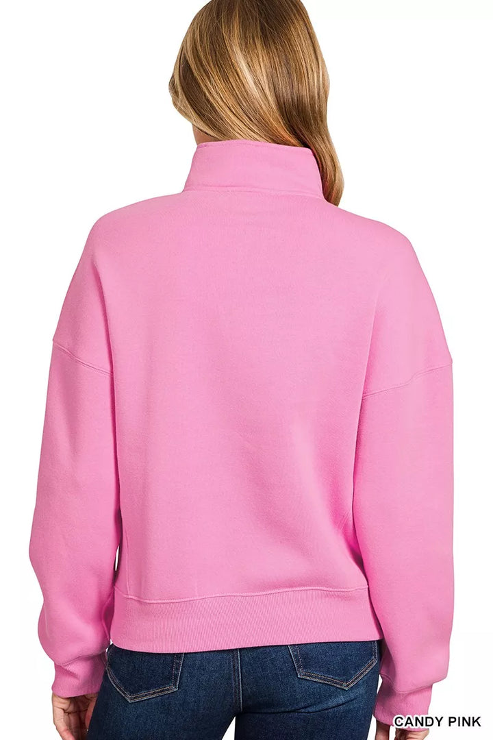 Zenana Fleece High Neck Half Zip Sweatshirt Candy Pink | Sweatshirts Daverri Fashions